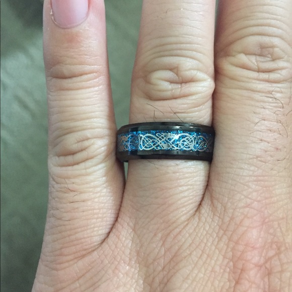 Blue Silver Dragon Black Stainless Steel Ring - Picture 4 of 4